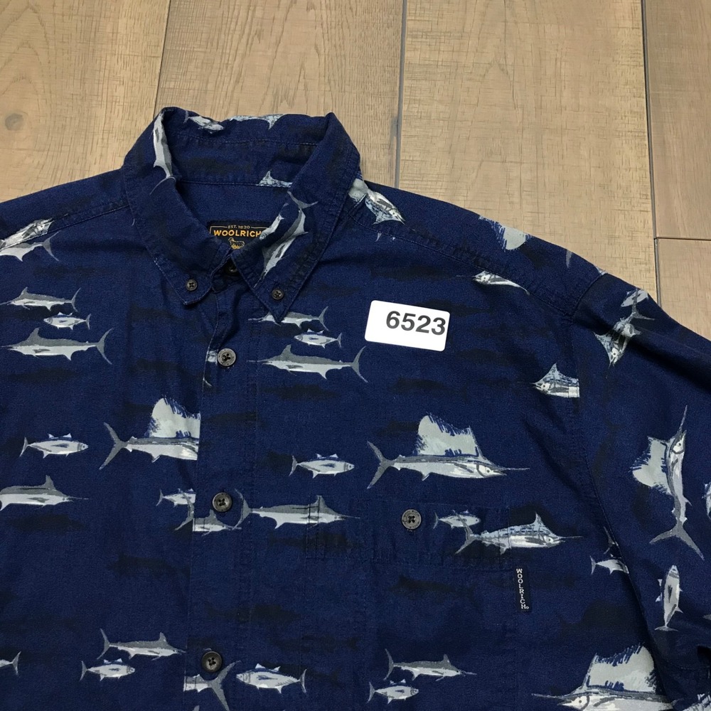 Woolrich Shirt Mens Size XL Blue Swordfish‎ Marlin Saltwater Fishing Button Up - Picture 11 of 11